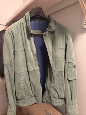 Bally Light Sage Green Suede Bomber Jacket